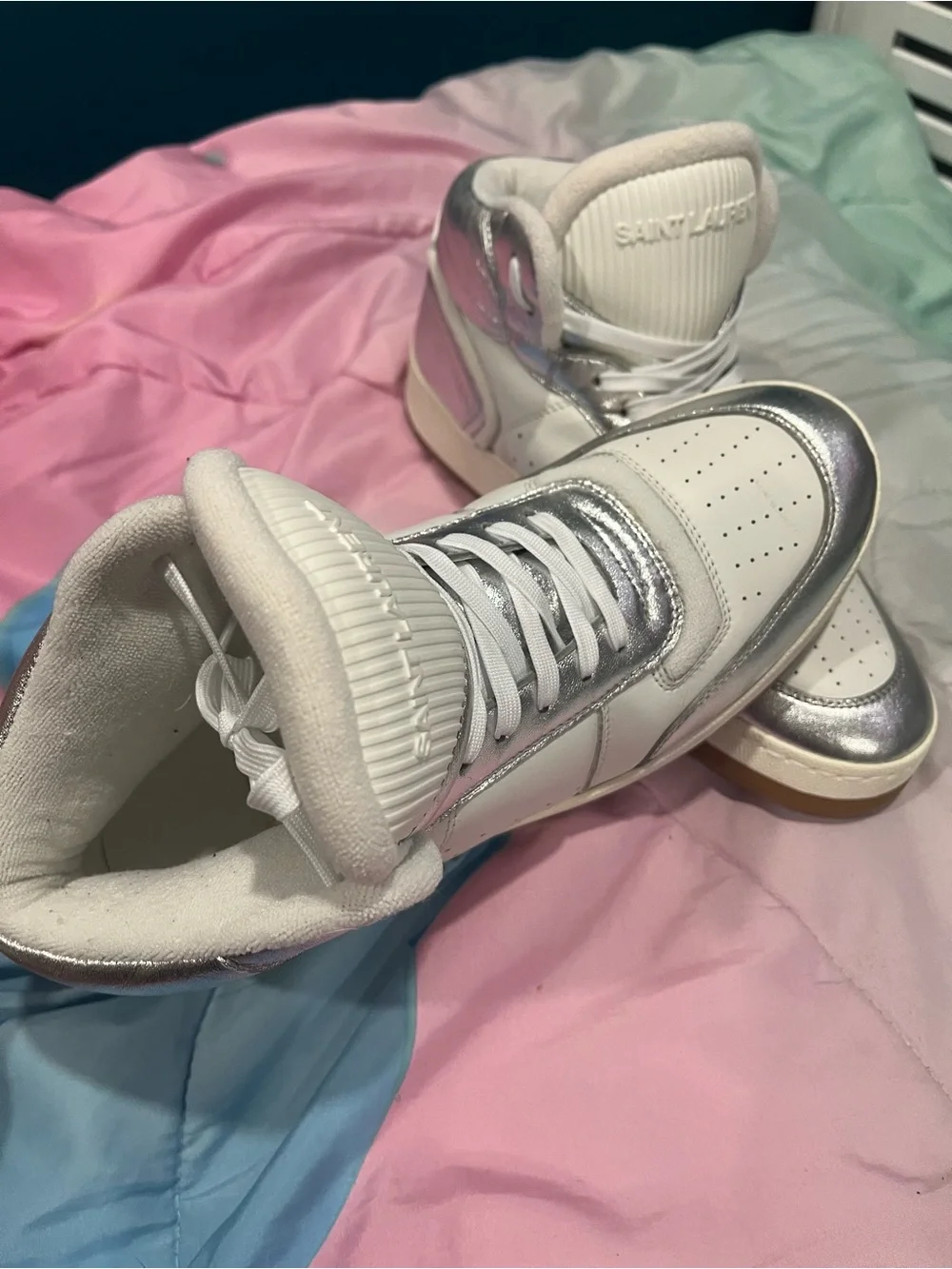 Saint Laurent SL/80 White and Metallic Silver High-Top Sneakers Size 8M 9.5W